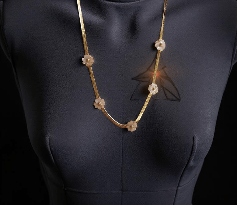 Нежно колие с 5 цветя от бял седеф, поставени на сребриста верижка изработена от висококачествена стомана.